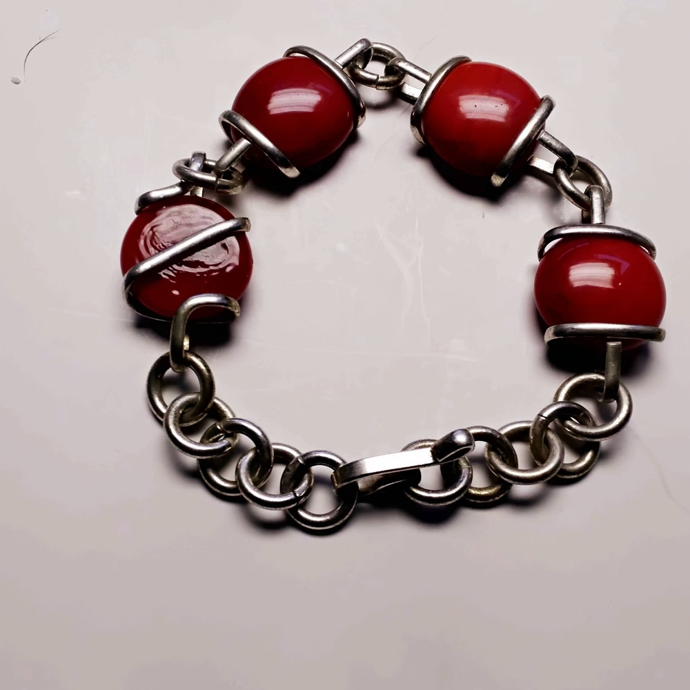 Red Glass and 925 Silver Women's Link Bracelet
